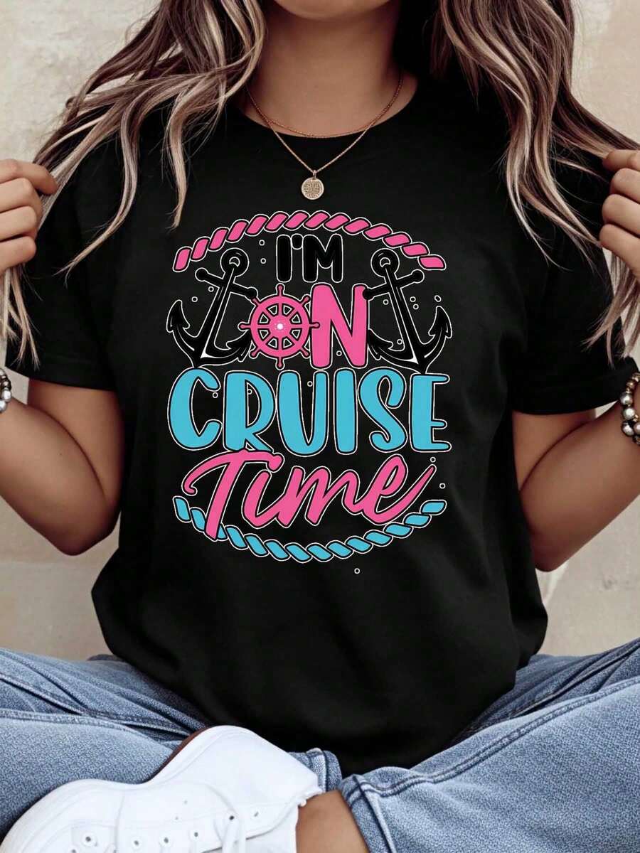 Camiseta con diseño de ancla náutica y timón de barco de la marca I M On Cruise Time, ideal para vacaciones, viajes y cruceros, ropa de verano suave. - Negro - Ver 1