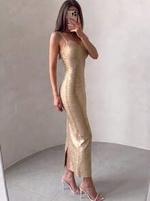 Vestido de verano largo ajustado con tirantes finos, abertura, acanalado metálico sexy tipo vendaje para mujer, elegante vestido de cóctel dorado para fiesta nocturna - Dorado - Ver 7