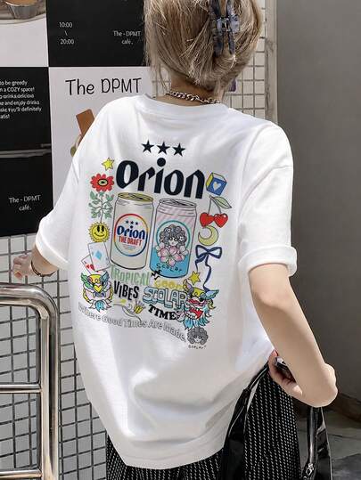 綿100％クルーネックプリント半袖Tシャツ、女性用新作夏服、スタイリッシュなゆったりカジュアルトップス