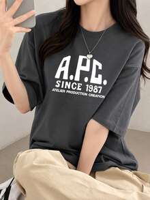 100% Cotton Crew Neck Printed Short-Sleeve T-Shirt, New Summer Clothing For Women, Stylish Relaxed Casual Top - Dark Grey - View 1