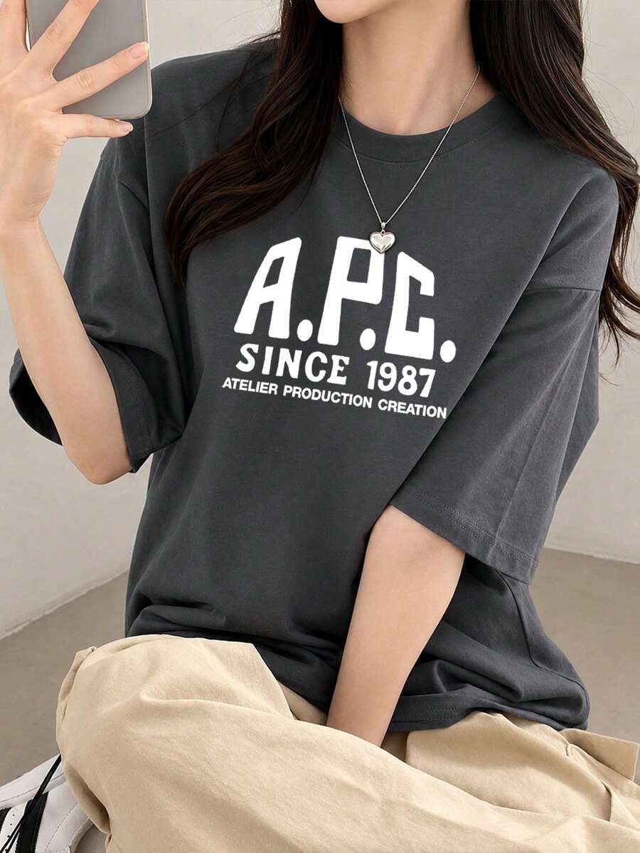 100% Cotton Crew Neck Printed Short-Sleeve T-Shirt, New Summer Clothing For Women, Stylish Relaxed Casual Top - Dark Grey - View 1