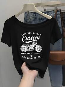 白色露肩短袖女款夏季新款美式復古風摩托車印花修身短版上衣，黑色美式休閒風 - 黑色 - 查看 2