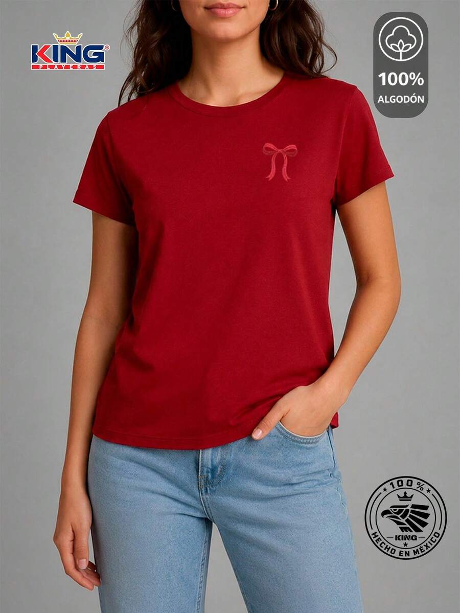 SHENDY VENDY Women's T-Shirt 100% Cotton, Short Sleeve, Round Neck, Soft And Comfortable T-Shirt, Minimalist Red Bow Print - 紅色 - 查看 1