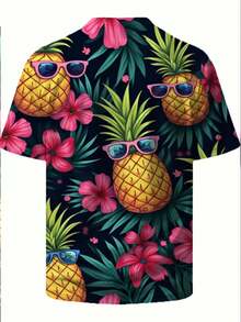 Camiseta de Hombre con Estampado Tropical de Piña y Frutas - Fondo Oscuro, Manga Corta, Cuello Redondo, Diseño Casual con Piñas Coloridas y Motivos Florales, Lavable a Máquina, Adecuada para - Negro - Ver 3