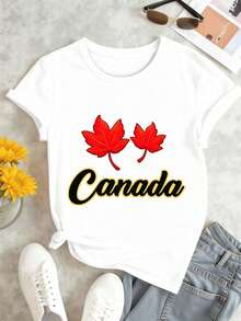 Camiseta para Mujer Canada Maple Leaf con cuello redondo, corte holgado, casual, cómodo y dise?o gráfico único - Blanco - Ver 2