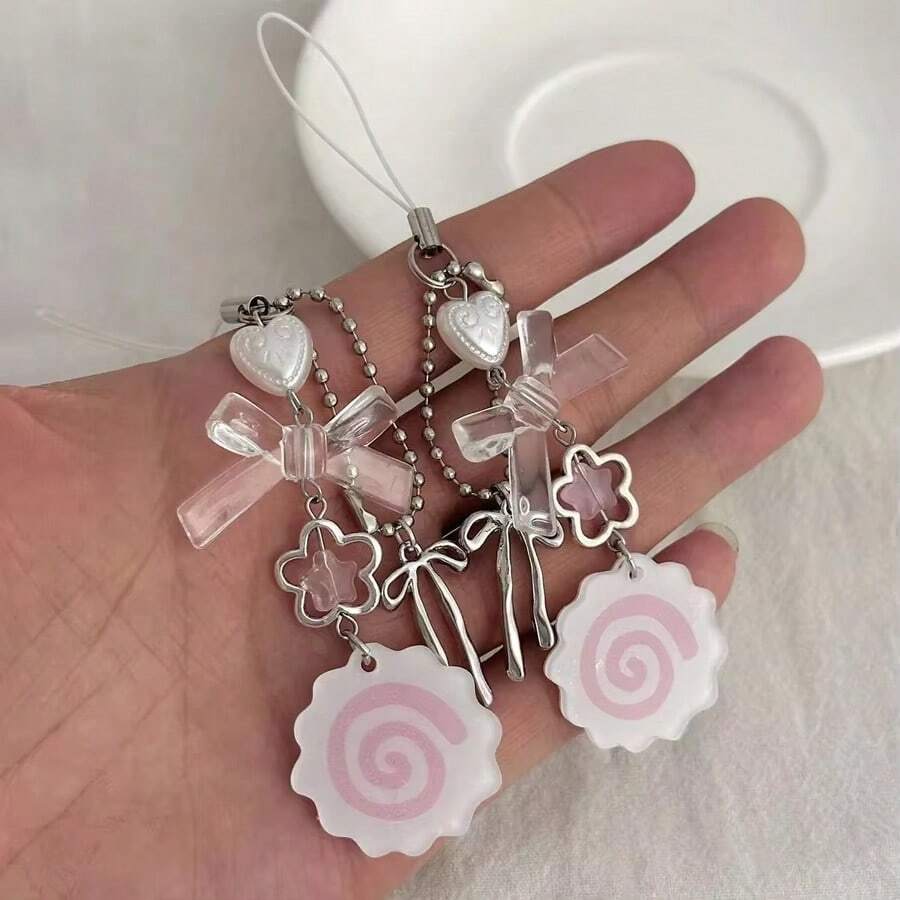 2件組可愛壓克力花朵蝴蝶結愛心包包吊飾鑰匙圈 女款後背包手機鑰匙鍊褲鍊配件 - 查看 1