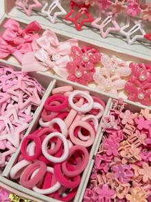 20 Stücke/397 Stücke/Set Rosa Farbton Mädchen Haaraccessoires Kombinationsset, Netz Schleife Haarspangen, Stoff Blume & Stern Seitenclips, Mini Krallenclips, einfache bunte elastische Haarbänder & Gummibänder, süßer & sanfter Stil geeignet für Alltag, Schule, Ausflüge, Prinzessinnen-Looks - Verschiedenfarbig - Übersicht 2