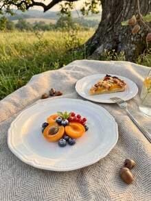 Haus Hana 1pc Ins Chic Embossed Ceramic Plate, 8-Inch Steak Plate/10-Inch Pasta Plate/10-Inch Fine Dining Dessert Plate, Lightweight Elegant Cream White Dinnerware Christmas Gift - Beige - View 3