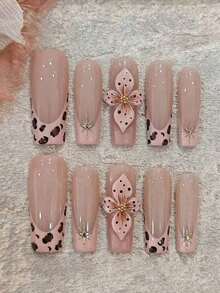 10 Pcs Handmade 3D Flower Nude Pink Leopard Print Long Coffin False Nails Handmade Press On Nails - 駝色 - 查看 1