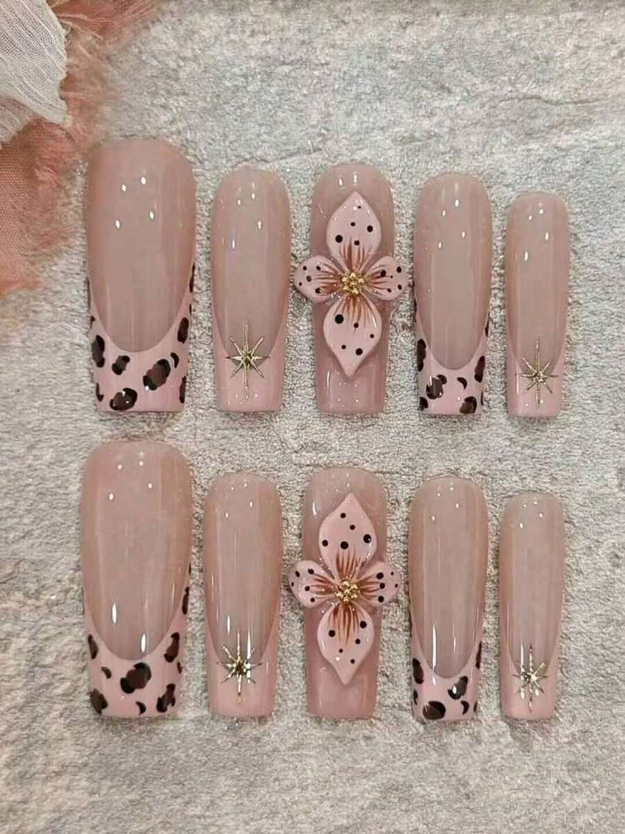 10 Pcs Handmade 3D Flower Nude Pink Leopard Print Long Coffin False Nails Handmade Press On Nails - 駝色 - 查看 1