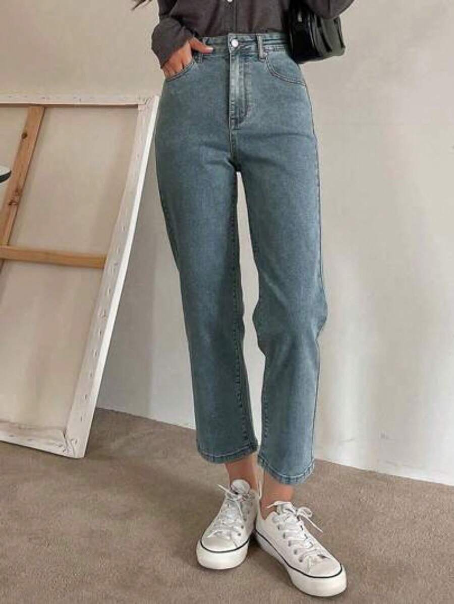 Chaqueta de mezclilla con capucha de manga larga y unicolor minimalista de uso diario para mujer y pantalones vaqueros de mujer - Lavado ligero - Ver 1