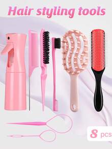 8pcs Curly & Straight Hair Comb Set, Continuous High Pressure Spray Bottle, Long Handle Hollow Hair Washing Massage Comb, 9-Row Comb, Tail Comb, Dual-Ended Eyebrow Comb, Teasing Comb, Hair Braiding Tool, Styling Tools - G1 - View 13