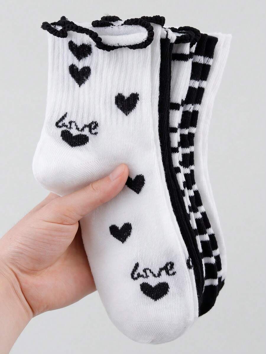 5 Pairs Women's Black & White Minimalist Striped Ruffle Edge Heart & Letter Mid-Calf Socks, Suitable For Daily Wear - Multicolor - View 1