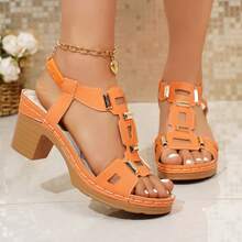Sandal Wedges Platform Gesper Warna Solid Retro Wanita Ukuran Besar, Sepatu Pantai, Sepatu Musim Panas - Jeruk - View 9