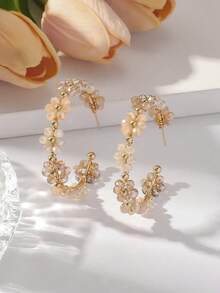 Pair Fashionable Exaggerated Colorful Floral Hoop Earrings For Women, Luxury Delicate Crystal Flower-Shape Earrings, Suitable For Daily, Vacation, Party Wear (Handmade Beads Color And Me - Amarillo - Ver 1