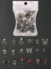 40件隨機萬聖節3D骷髏、交叉手、蝙蝠、愛心、蜘蛛、蛇與惡魔金屬美甲裝飾；復古蛇、惡魔、骷髏、兔子與蝙蝠骨頭美甲飾品；Y2K哥德風金屬美甲寶石，適合DIY女孩；壓克力美甲貼紙，可用於手機殼、鞋子、衣服與包包 - 黑色 - 查看 6