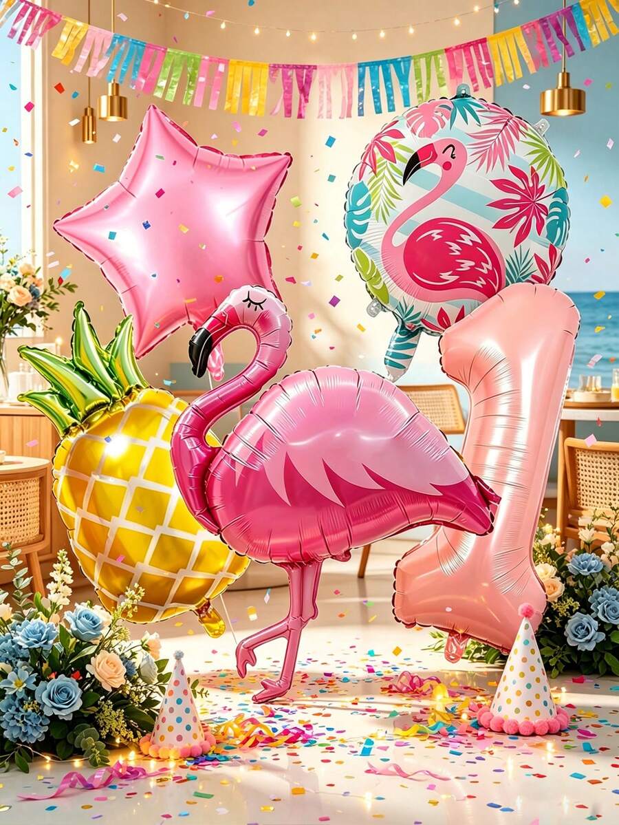 A Set Of 5 Aluminium Foil Balloons Featuring Flamingos, Pineapples, Stars And Circles, Plus Pink Numbers 0–9, Ideal For Birthday Parties, Weddings, Gender Reveal Parties, Anniversaries, Themed Parties, Housewarming Parties, - View 1