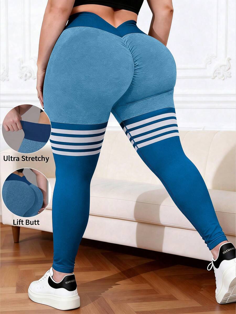 Plus Size Women's Colorblock Striped Yoga Pants, Seamless, High Waist, Abdomen Shaping, Butt Lifting, High Elasticity, Fitness Workout Running Sports - 漫遊藍 - 查看 1