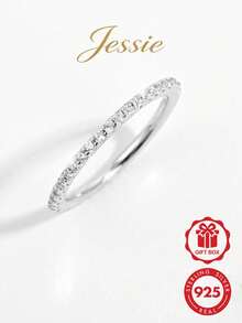 Jessie Jewelry 1枚925纯银经典复古简约精致单层全圆镶嵌1.5毫米立方氧化锆戒指，女士生活方式、社交、约会、派对、优雅礼物 - 銀色 - 查看 1
