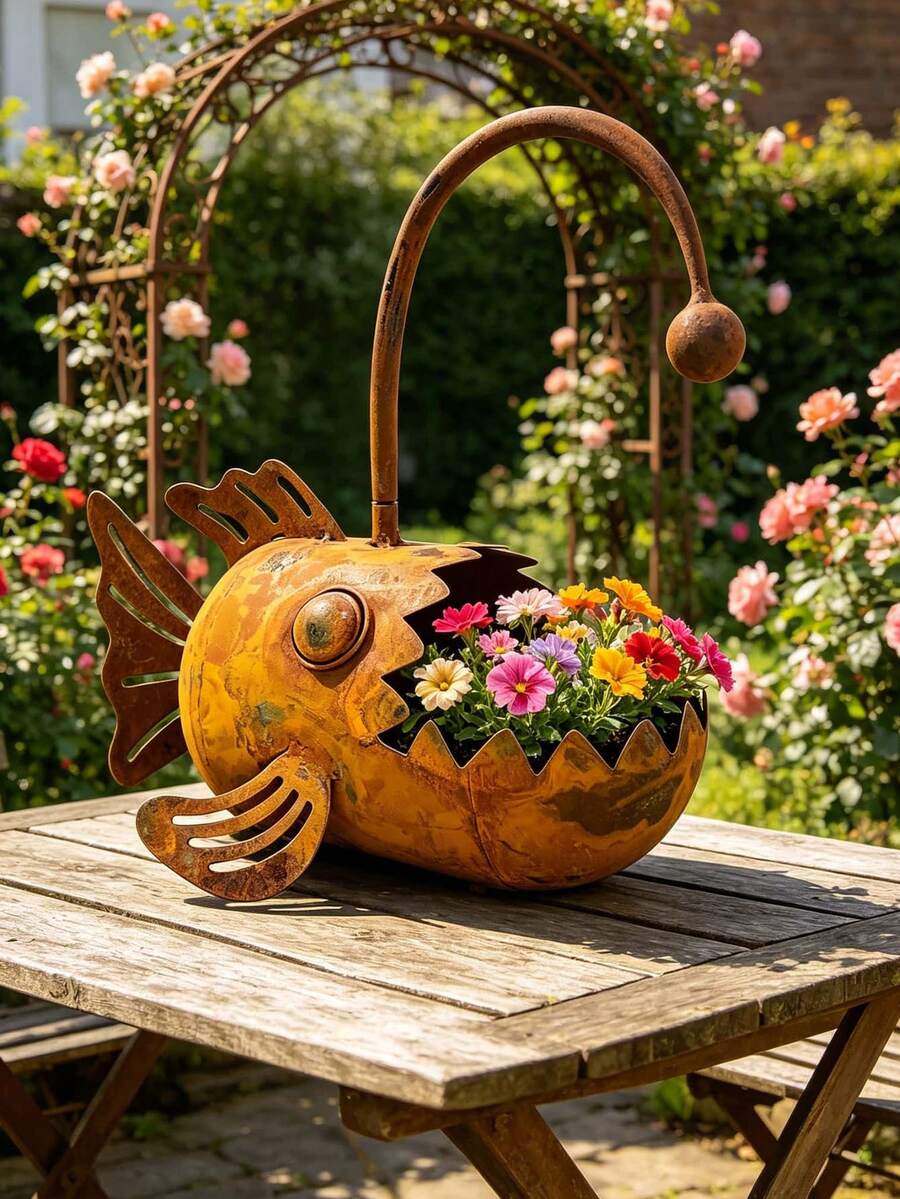 1/2PCS Iron Art Lantern Fish-Shaped Flower Pot, With An Old Rusty Metal Material, Three-Dimensional Lantern Fish Design, Combining Planting And Decorative Functions, Weather-Resistant, Suitable For Courtyards, Terraces Gardening Gift Home Decor - Conventional - View 1