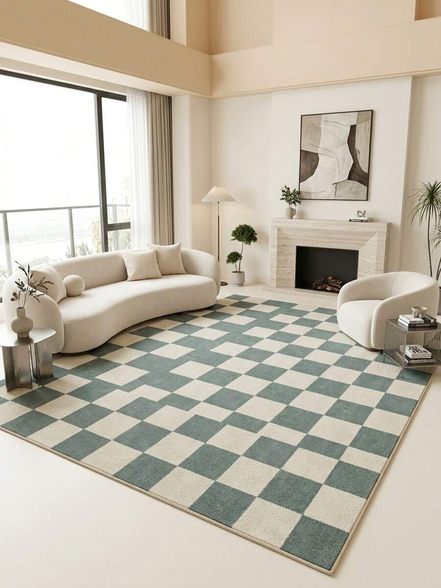 1pc Luxury Nordic Modern Minimalist White & Green Checkerboard Pattern - Rectangular Soft Faux Cashmere Machine Washable Area Rug, Suitable For Living Room, Bedroom, Entryway, Bathroom, Hallway, Patio, Kitchen, Indoor & Outdoor, All Season Large Size Floor Mat, Home Decor - Multicolor - View 1
