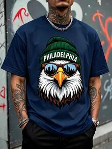 Men's Loose Fit T-Shirt, Bald Eagle Print With Green Wool Hat "Philadelphia" And City Silhouette Glasses, Short Sleeve T-Shirt American Urban Streetwear Style. - 藏蓝色 - 查看 6