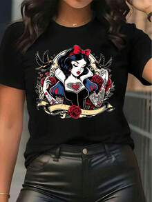 Camiseta Gráfica con Diseño de Pin-Up Gótica Manga Corta Cuello Redondo Moda Juvenil Estilo Vintage Rock Urbano Novedad Ropa de Mujer Y2K - Negro - Ver 1