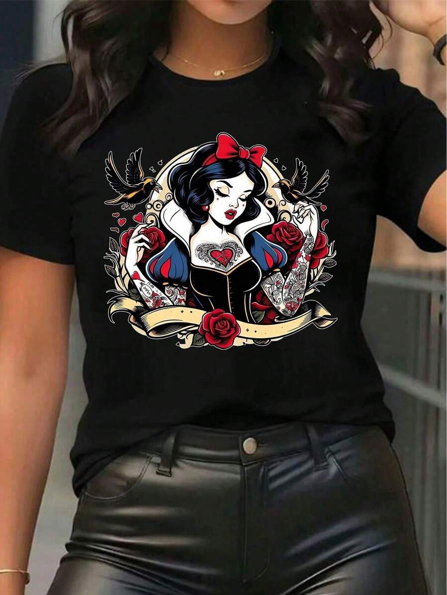 Camiseta Gráfica con Diseño de Pin-Up Gótica Manga Corta Cuello Redondo Moda Juvenil Estilo Vintage Rock Urbano Novedad Ropa de Mujer Y2K - Negro - Ver 1