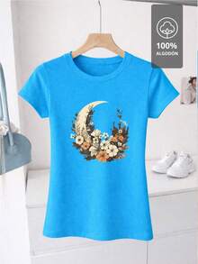 SHENDY VENDY Women's T-Shirt, 100% Cotton, Short Sleeves, Round Neck, Soft And Comfortable. Botanical Design With A Floral Crescent Moon, Natural And Elegant Style. - 深邃的天空藍 - 查看 2