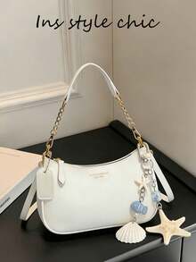 Bolso de hombro para mujer de tejido liso blanco con colgante de concha de diseño marino y decoración con letras. - Multicolor 2 - Ver 1