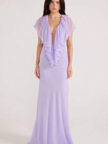 Nuevo vestido femenino top  de gasa monocolor sin mangas, volantes en escote V, ligero y elegante - Morado - Ver 4