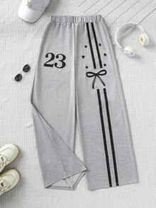 Autumn/Winter Casual Vacation Versatile Knit Letter & Bow Print Wide Leg Long Pants For Teen Girls - Grey - View 3