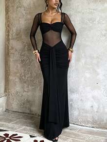 1pc Solid Color Elegant Party Knit Fabric Mesh Sheer Patchwork Design Long Sleeve Dress Formal Evening Beach Vacation Bachelorette Party Back To School Party Summer - Black - View 3