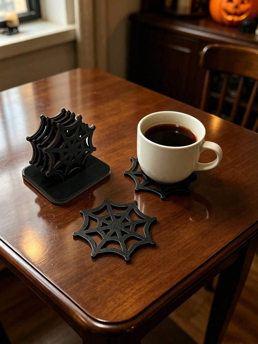 1/4/6Pcs Wooden Halloween Spider Web Coasters With Base, Halloween Tabletop Decor, Multi Sizes Available