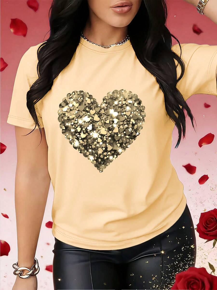 Valentine's Day Sweater With A Heart Print, Perfect For Spring And Fall. This Eye-Catching Short-Sleeved T-Shirt Is Suitable For Holidays, Dates, Parties, And Social Occasions. SCUY - 杏色 - 查看 1