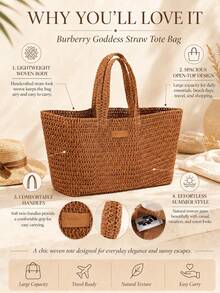 Burberry 女士草编手提包，编织敞口设计，大容量肩背手提包，加固提手，轻便易携，耐用柔软的草编材质，中性棕色波西米亚风格，透气面料，可装书籍、沙滩巾、日常必需品，适合通勤、海滩、购物、旅行、周末郊游，百搭时尚，是时尚爱好者的理想夏季礼物。 - 鏽棕色 - 查看 4