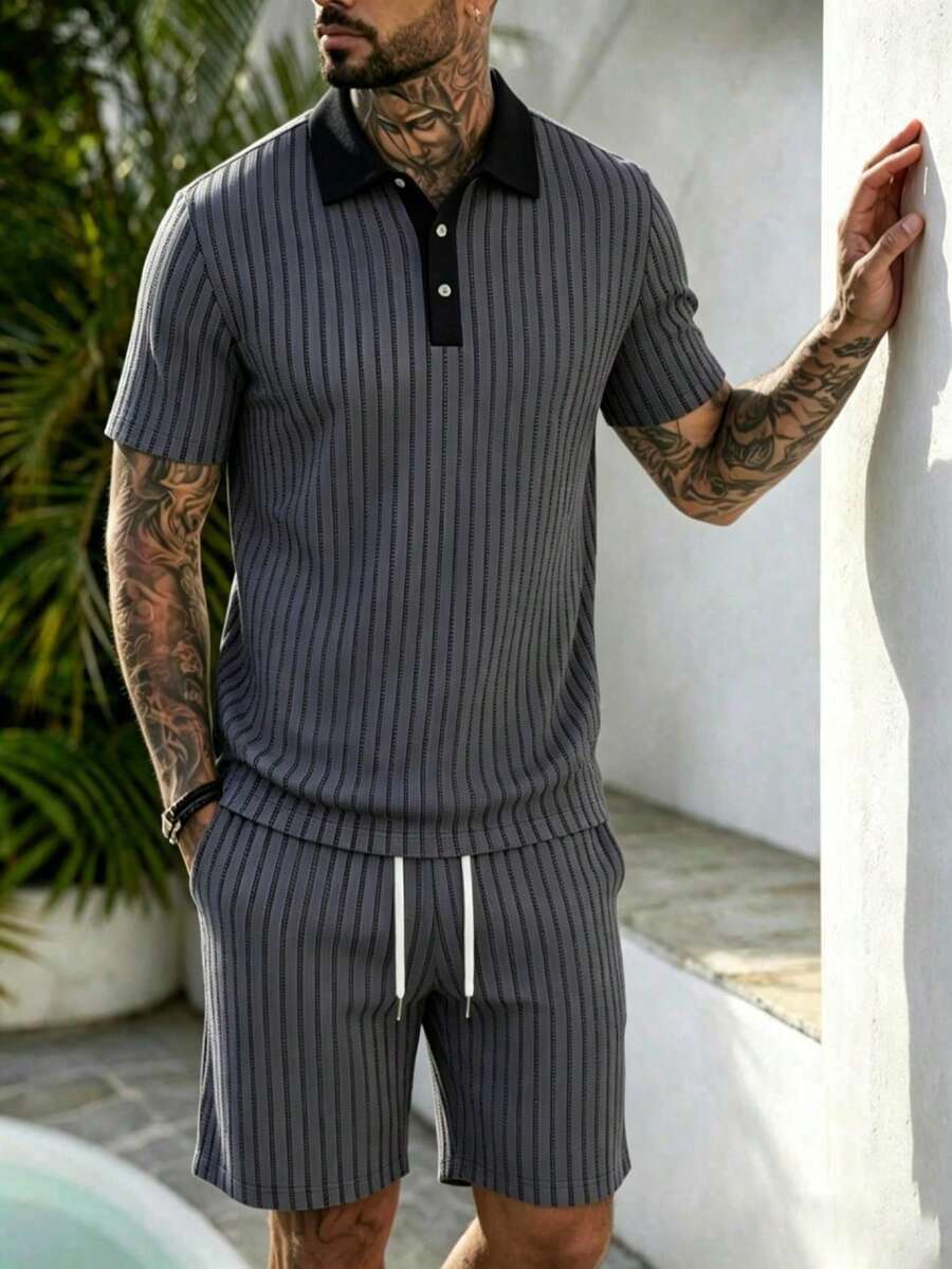 男士度假風條紋提花短袖 Polo 衫與休閒短褲套裝 - 彩色 - 查看 1
