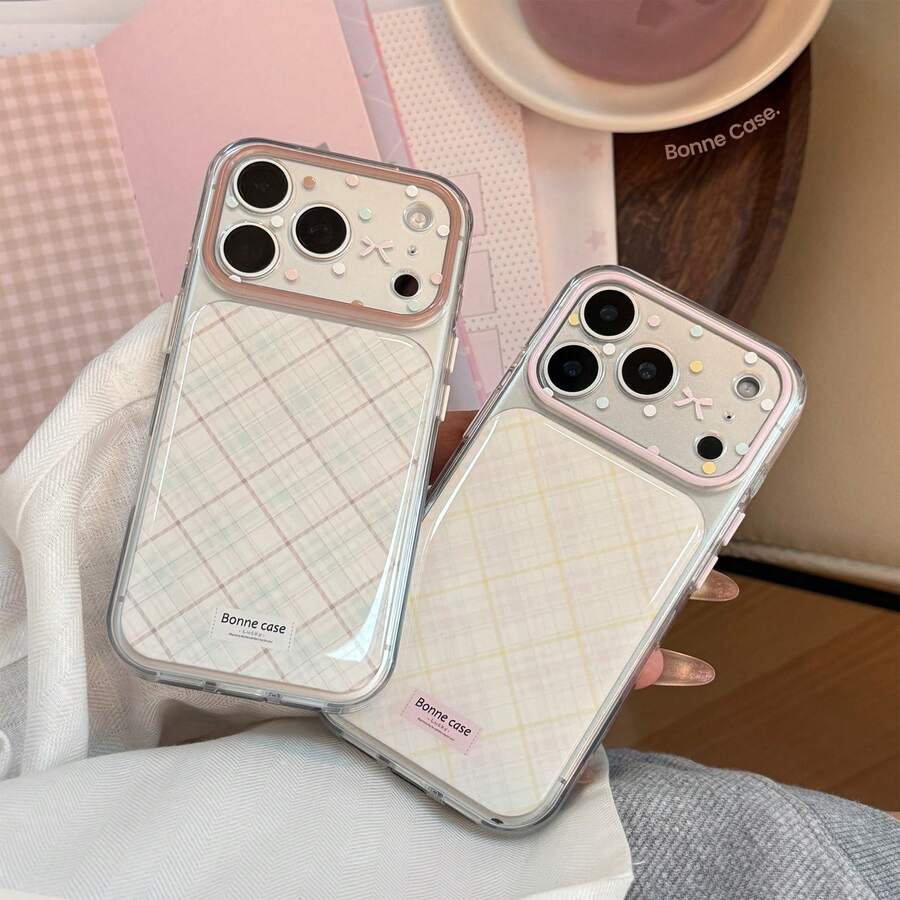 GUCADI Ins-Style Niche Girly Diamond Pattern Polka Dot Bow Phone Case, Kompatibel Dengan 17 Pro, Versi Transparan Kompatibel Dengan 16, Versi Full Coverage Kompatibel Dengan 14, Cocok Untuk 15 Dan 17, Korean Plaid, Girly, Pola Geometris, Minimalis Segar, Gaya Color Block, Niche, Gaya Soft Girl, Ins-Style