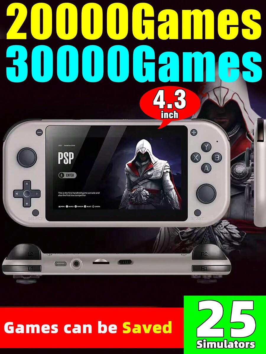 Máy chơi game cầm tay 1 chiếc, tích hợp 25 trình giả lập như GBA/PSP/PS1, hơn 30.000 trò chơi cổ điển, màn hình ngang 4.3 inch, hai cần điều khiển, thiết bị chơi game mini cầm tay kiểu arcade cổ điển.