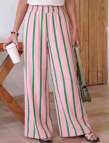 Women's Summer Pink Striped Wide Leg Pants, Elastic Waist Casual Loose Beach Pants, Bohemian Vacation Outfit Pink Vertical Stripe Straight Leg Pants, Loose Fit - Pink - View 2