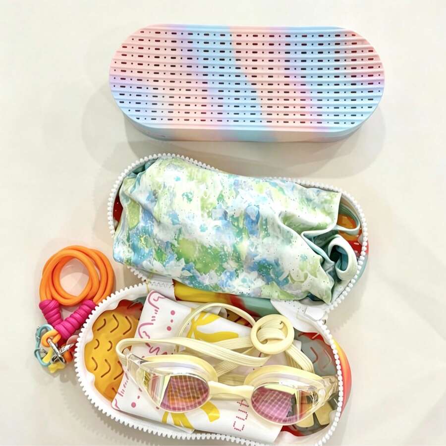 Estuche de almacenamiento de gafas de natación de silicona transpirable con diseño tie-dye, caja portátil para gafas de natación con cordón, organizador de accesorios de natación hueco de secado rápido para playa, piscina y viajes - forma ondulada rosa, azul y morada - Ver 1