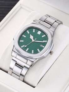 Men's Fashion Steel Band Business Quartz Watch With Date Calendar, Holiday Gift, Non-Adjustable Band - Green - View 2