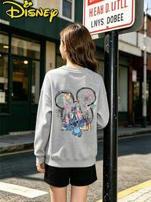 Teen Girl Clothes Disney Lilo And Stitch Castle Mickey Balloon Print Loose Fit Crewneck Sweatshirt - 灰色 - 查看 2