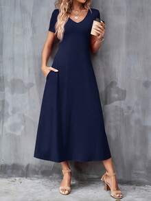 Casual V-Neck Short Sleeve Dress With Pockets. Solid Color, Machine Washable, Versatile For All Seasons. - 藏蓝色 - 查看 3