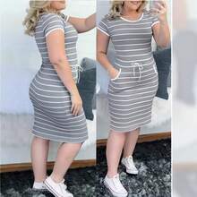Vestido de primavera y verano, nuevo, estilo europeo y americano, de corte ajustado, talla grande, con cuello redondo, bolsillos y rayas, ropa casual para mujer. - Negro - Ver 4