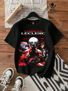Retro 90s Charles   Collage T-Shirt, Dual Helmet Portraits, Red  Race Car & Leather Jacket Shot, Bold Top Header Lettering For - 黑色 - 查看 1