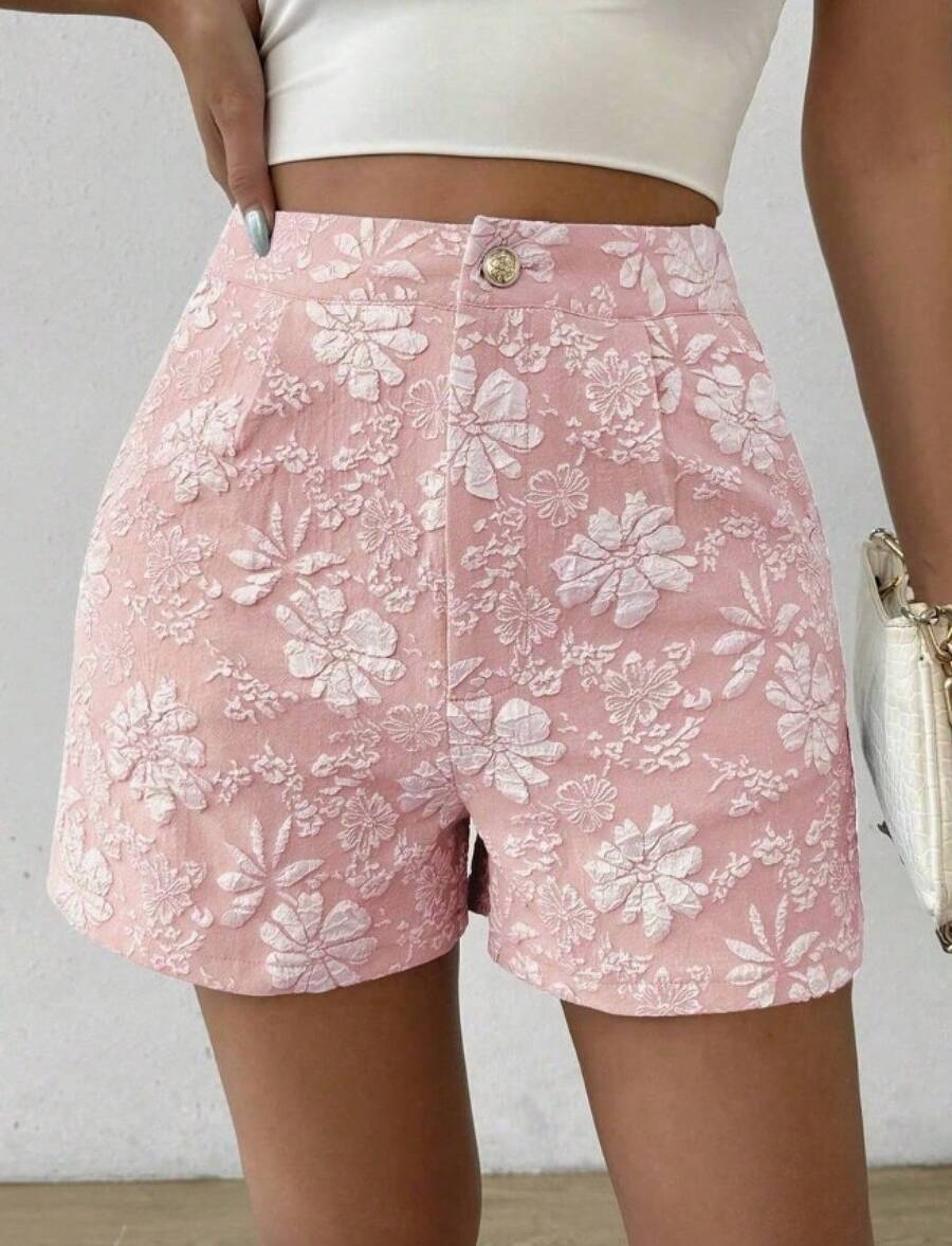 Nuevos shorts de mujer de verano, elegantes, de talle alto y pierna recta, con textura jacquard. - rosa - Ver 1
