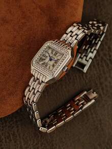 1pc New French Elegant Fashion Rhinestone Waterproof Women's Watch, Retro Casual Exquisite Square Dial Quartz Watch, Stainless Steel Band, Gold And Silver Color Options, Suitable For Daily Life And Outings - Silver - View 4