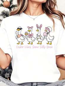 Playera Juvenil con Estampado de Gansos Kawaii Pascua Manga Corta Casual Estilo Japonés Urbano Moda Streetwear Chica Y2K Verano - Blanco - Ver 1
