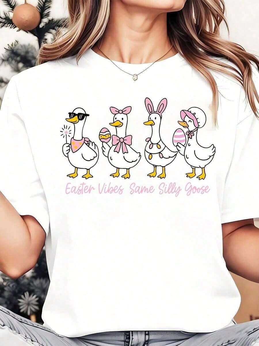 Playera Juvenil con Estampado de Gansos Kawaii Pascua Manga Corta Casual Estilo Japonés Urbano Moda Streetwear Chica Y2K Verano - Blanco - Ver 1